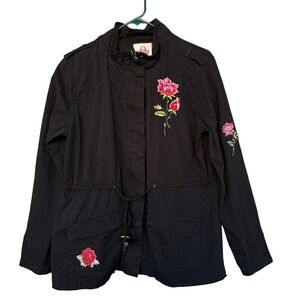ULTIM8 Jacket Womens Large Black Military Floral Embroidered Roses Utility Boho